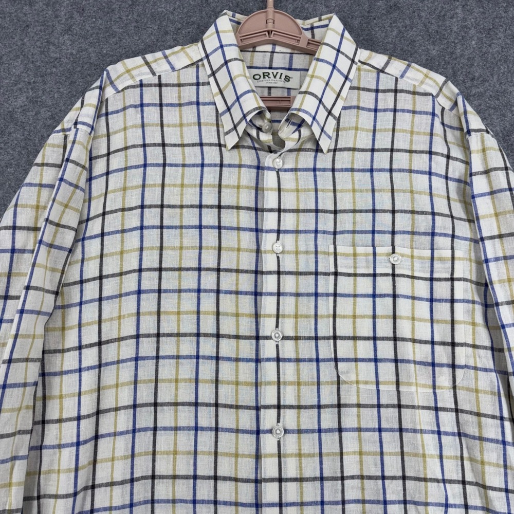 Orvis Mens XL Hemp Tencel Blend Plaid Button Down Shirt Blue Tan White Pocket